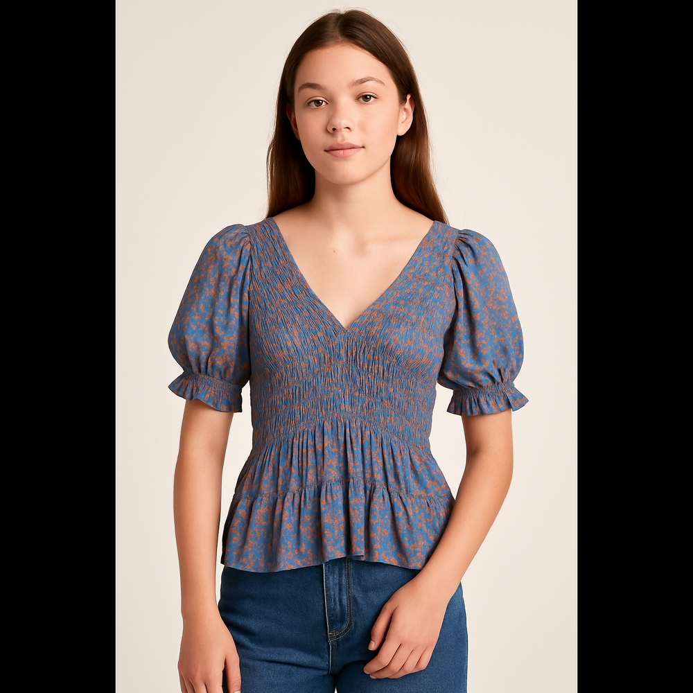 Country Blue Floral Deep V-neck Smocked Puffy Sleeves Top XXS Y2K